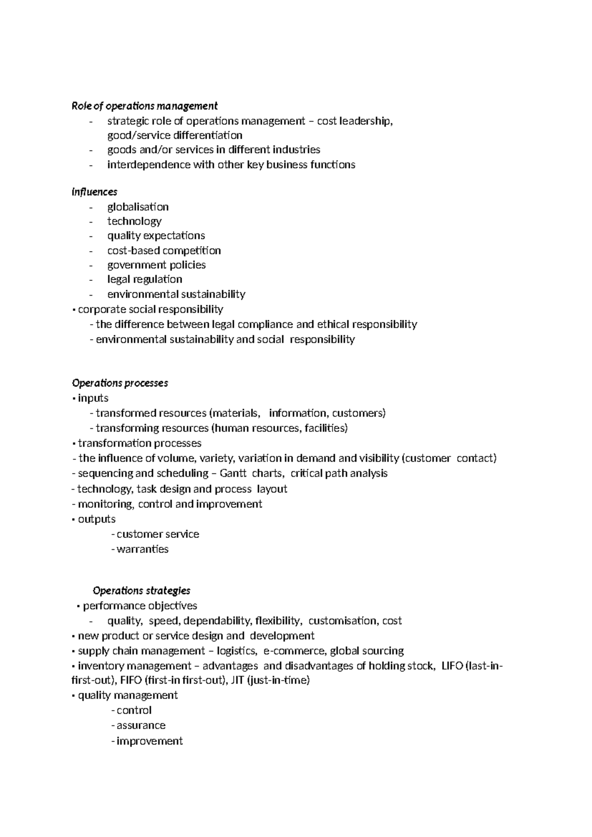 Operation notes summary - Role of operations management - strategic ...
