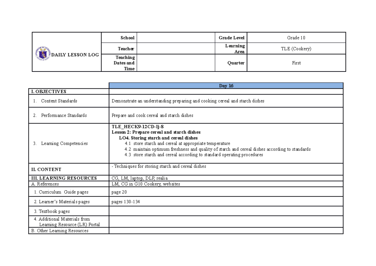 Cookery 10-dll Storing Stach And Cereals - Daily Lesson Log School 