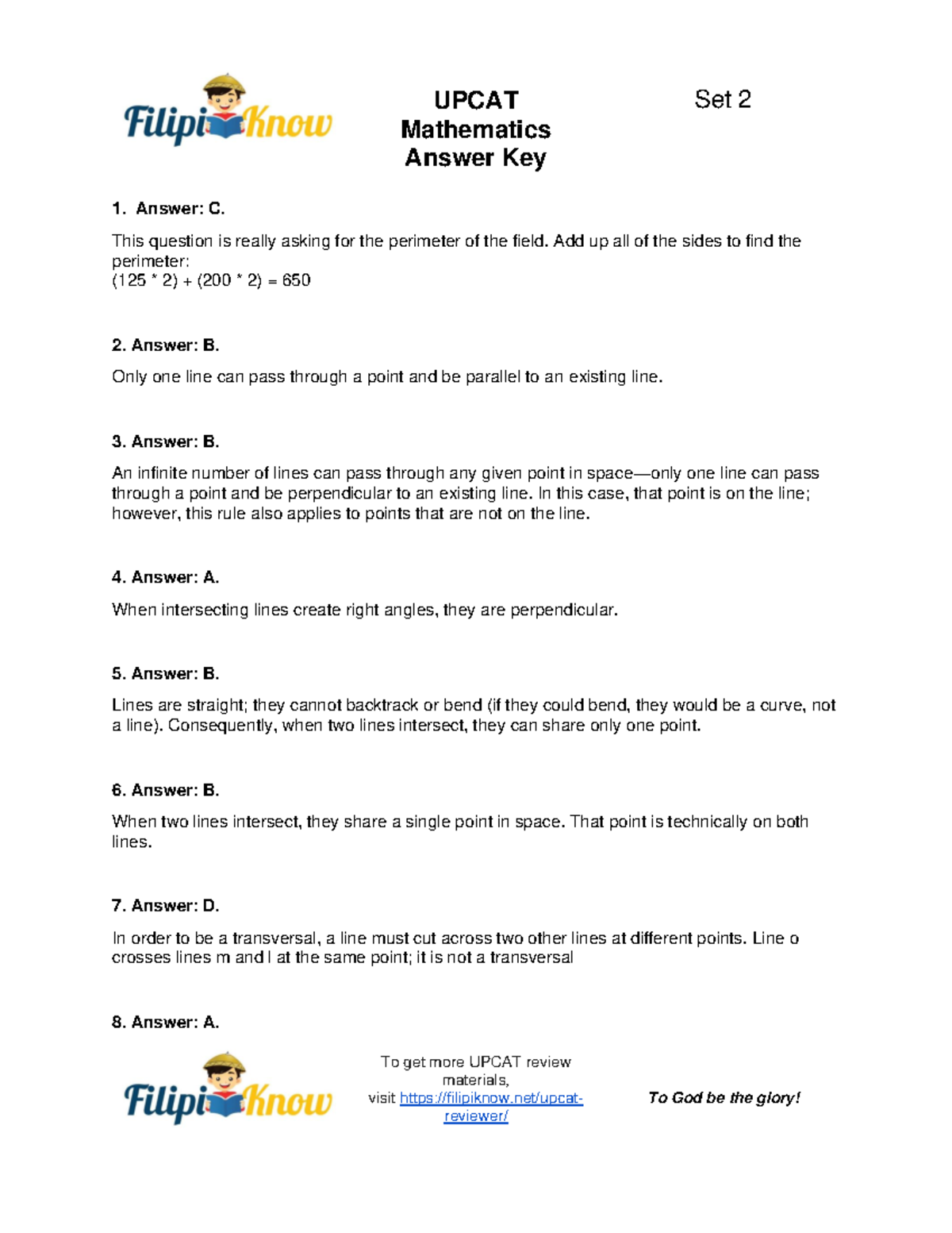 Upcat Mathematics Answer Key Set 2 - UPCAT Mathematics Answer Key To ...