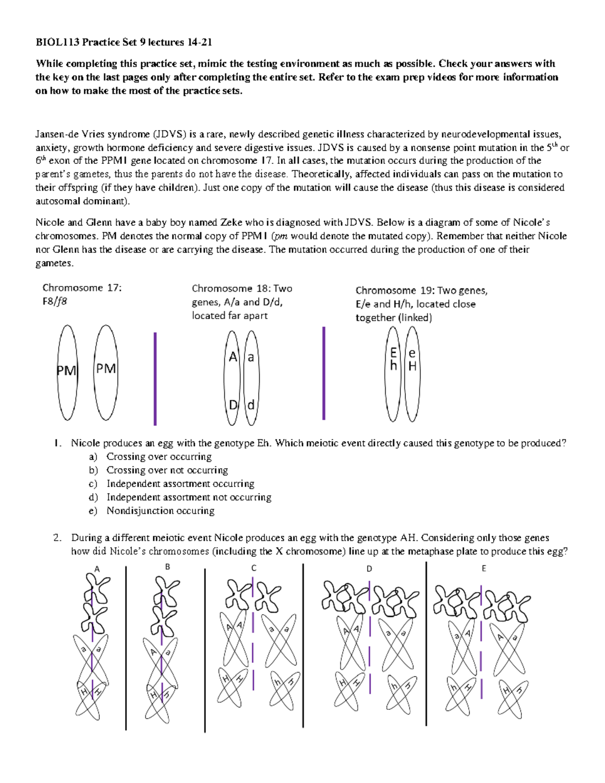 BIOL113 Practice Set 9 lectures 14-21 - Check your answers with the key ...
