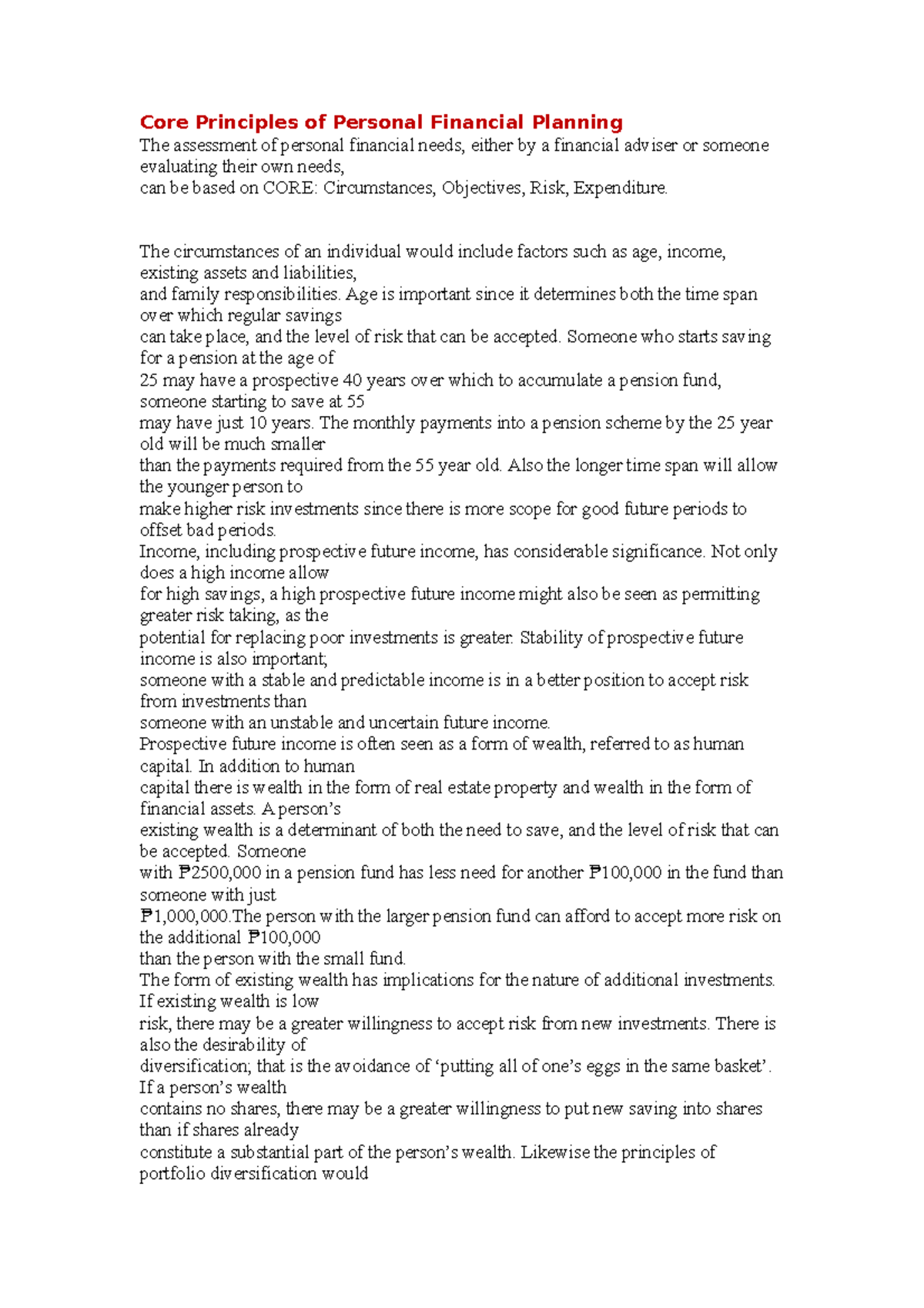 Core Principles of Personal Financial Planning Age is important since