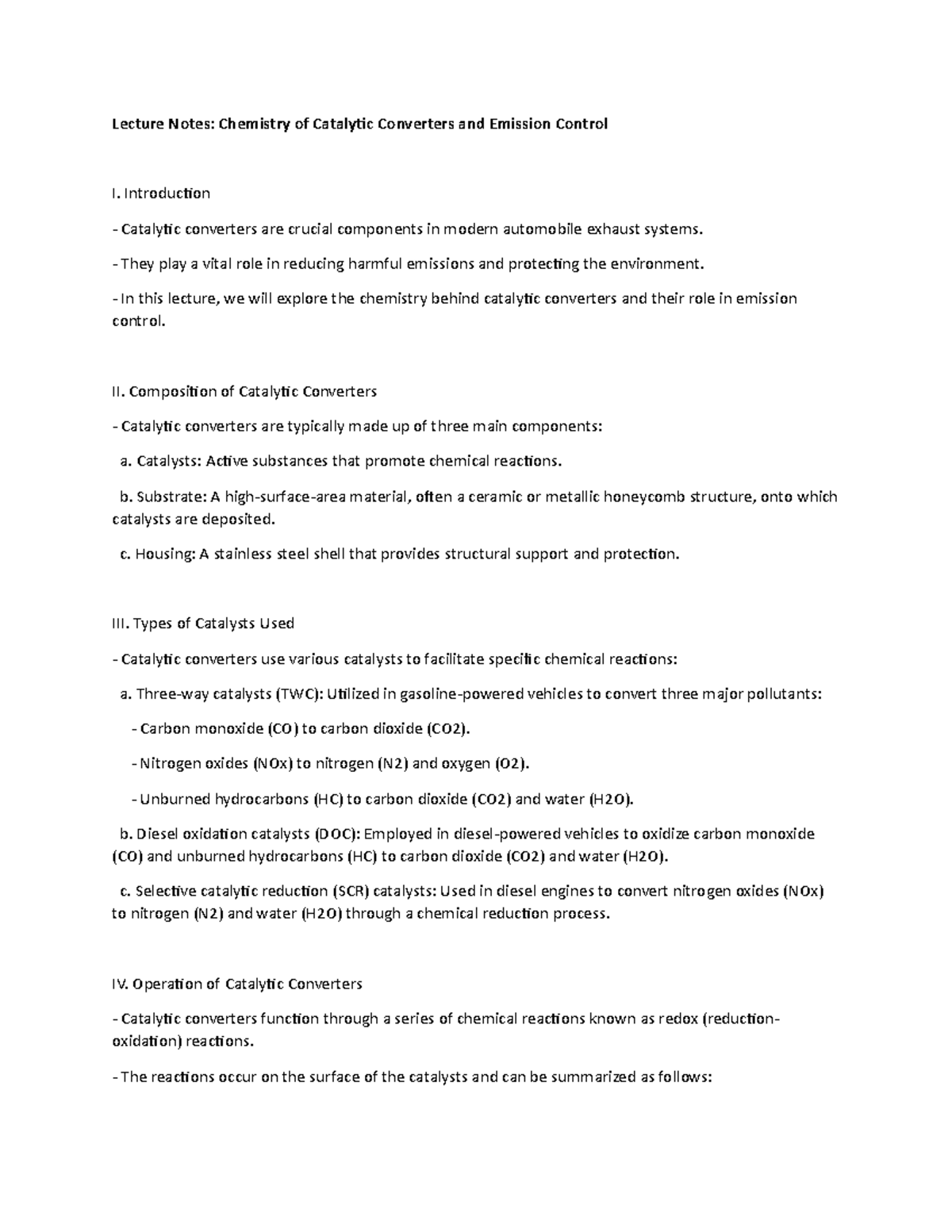 Lecture Notes: Chemistry of Catalytic Converters and Emission Control ...
