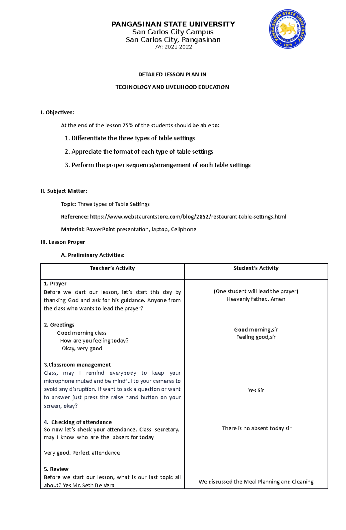 Detailed Lesson PLAN IN TLE Table Settings San Carlos City Campus San