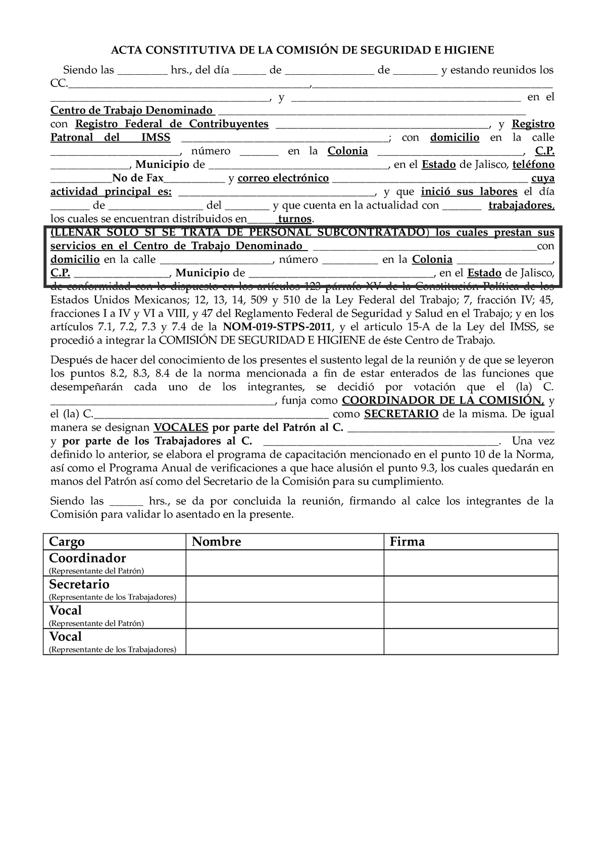 Acta Constitutiva Seguridad E Higiene Para La Elaboración De Un Recorrido De Seguridad Acta 3470