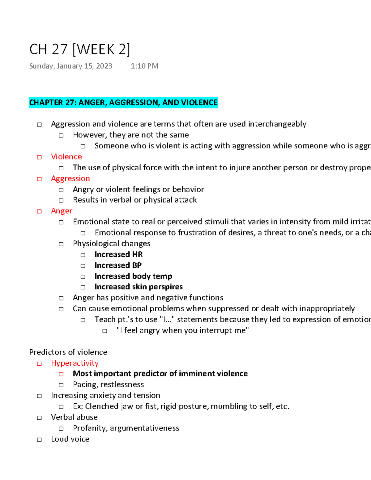 CH 27 [WEEK 2] - Notes - CHAPTER 27: ANGER, AGGRESSION, AND VIOLENCE ...