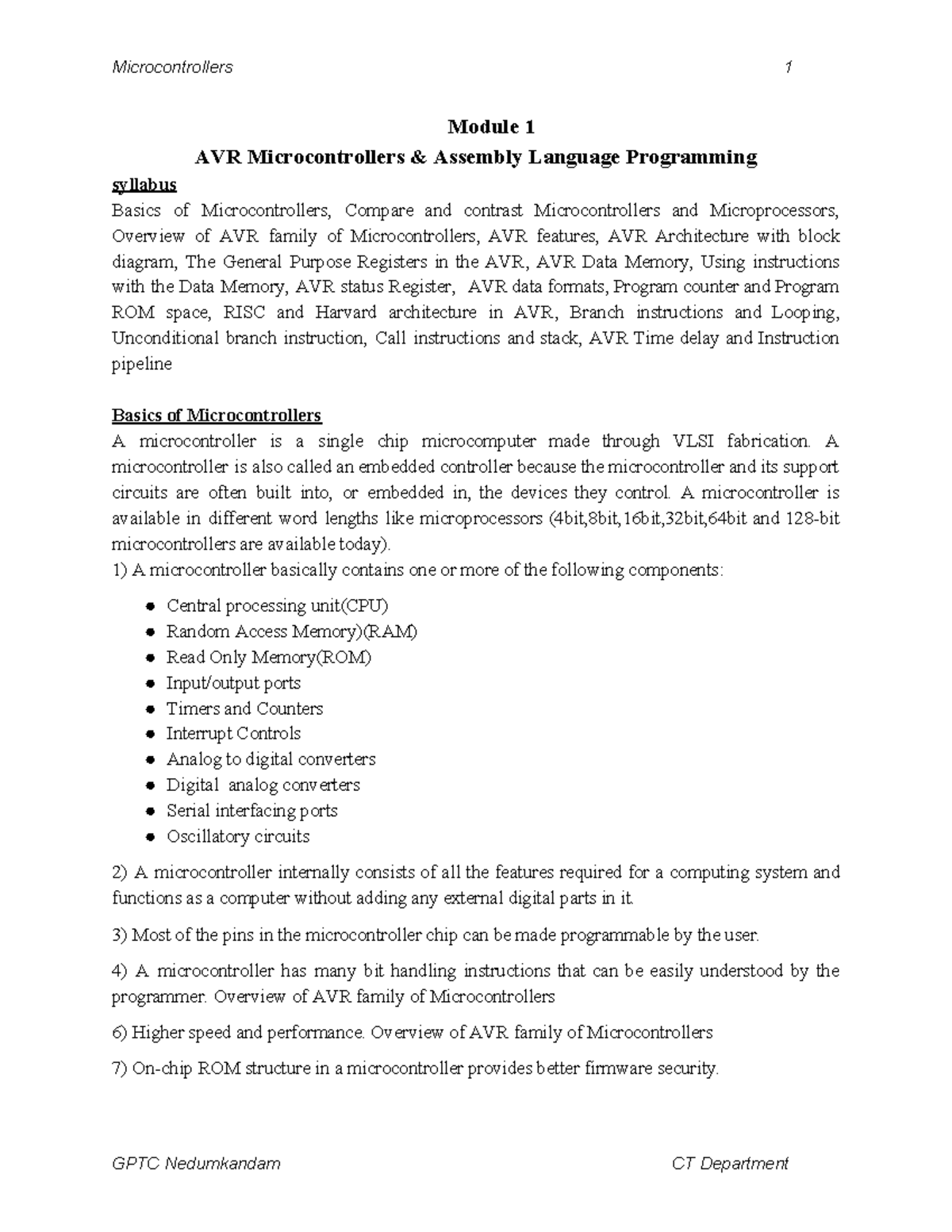 Mc11 Advantages and disadvantages of microprocessor Module 1 AVR