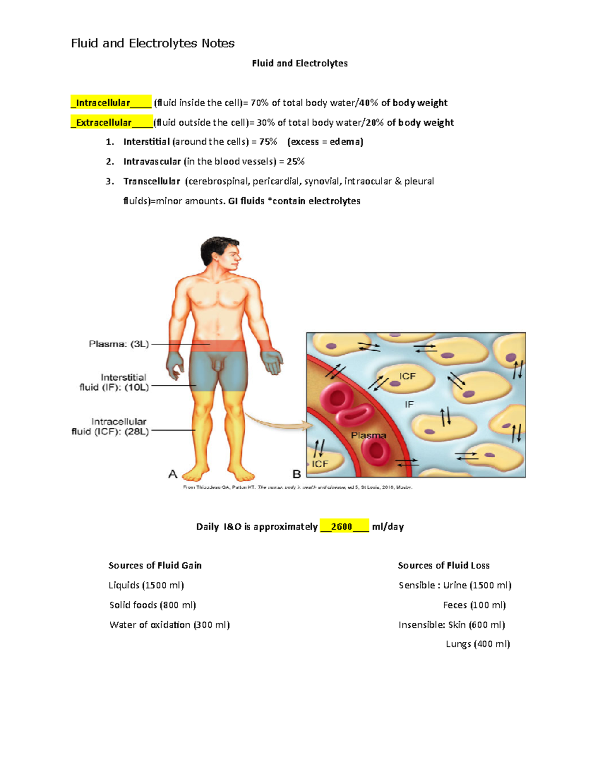 Fluid and Electrolytes Notes student SU19 - Fluid and Electrolytes ...