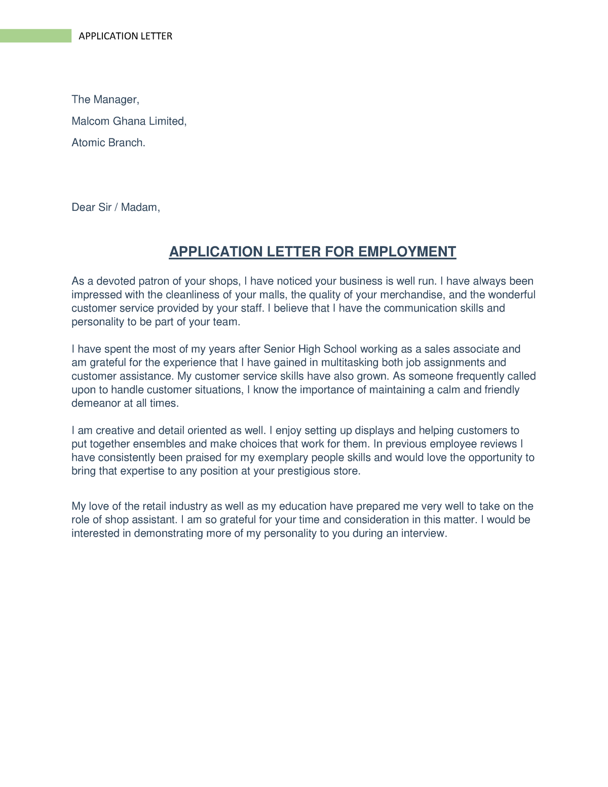 simple job application letter in ghana