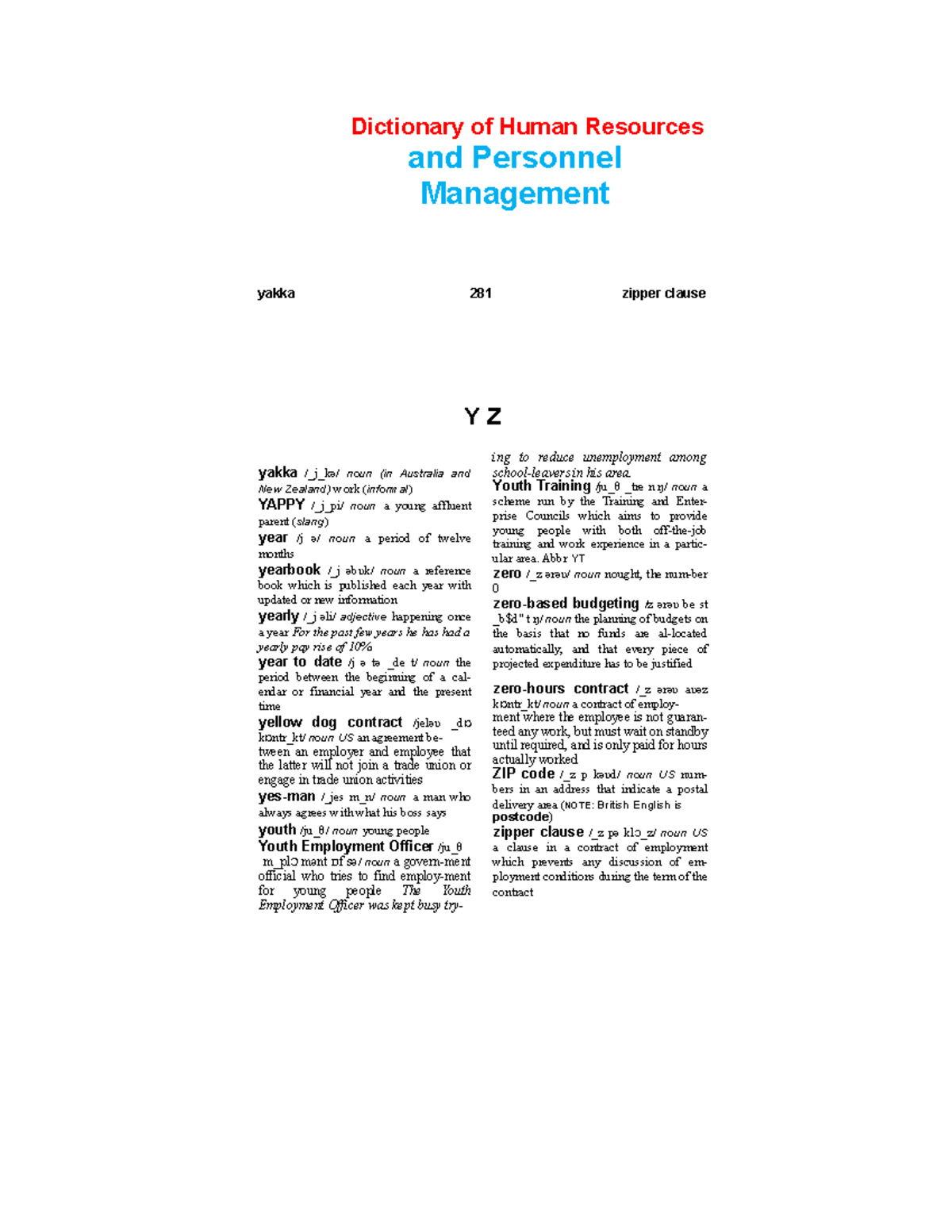 Letter YZ Yakka to Zipper Clause Dictionary of Human Resources and