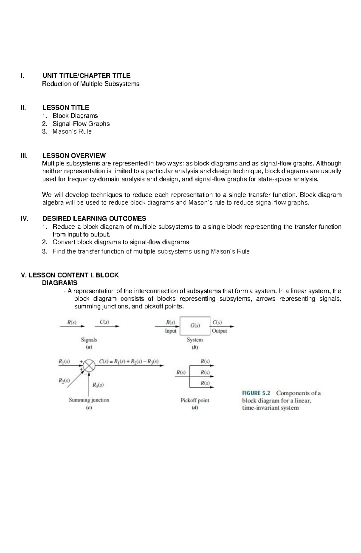 Feedback and Control System Lesson 5 I. UNIT TITLE/CHAPTER TITLE