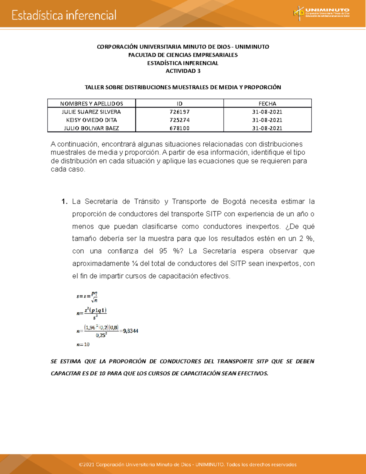 Actividad 3 Taller Estadistica Inferencial - Uniminuto - Studocu