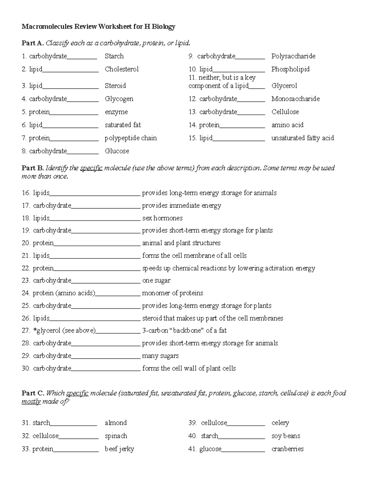 Marocmolecule Review Worksheet Answer Key Macromolecules Review 