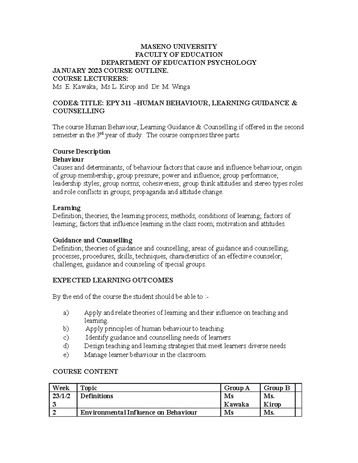 Epy 311 Course Outline 2023 Tab - Maseno University Faculty Of 