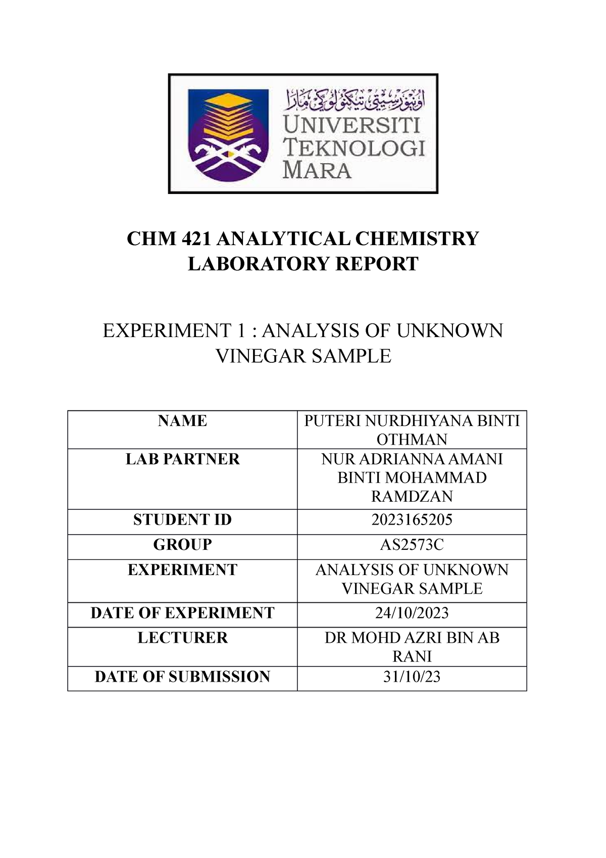 lab report experiment 9 chm421