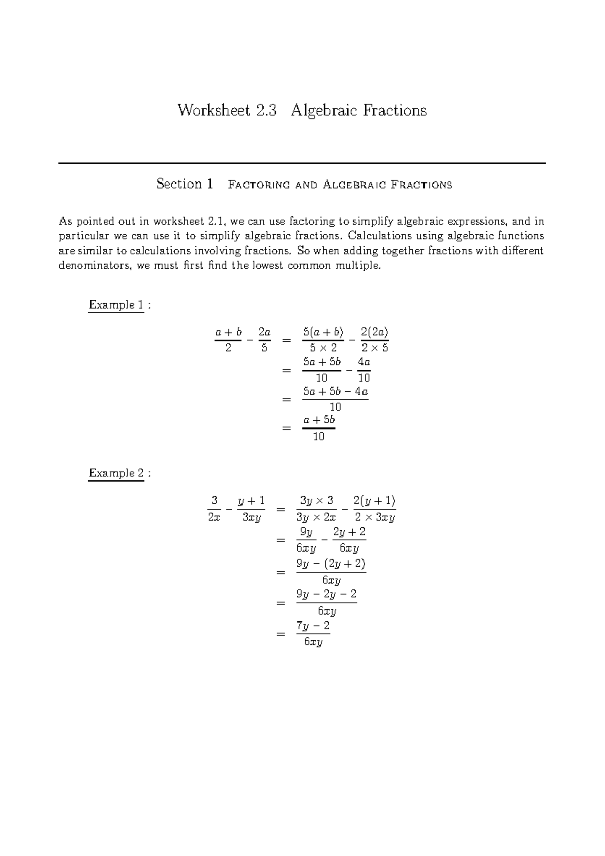 Module 2 - Algebra - Worksheet 2. 3 Algebraic Fractions Section 1 ...