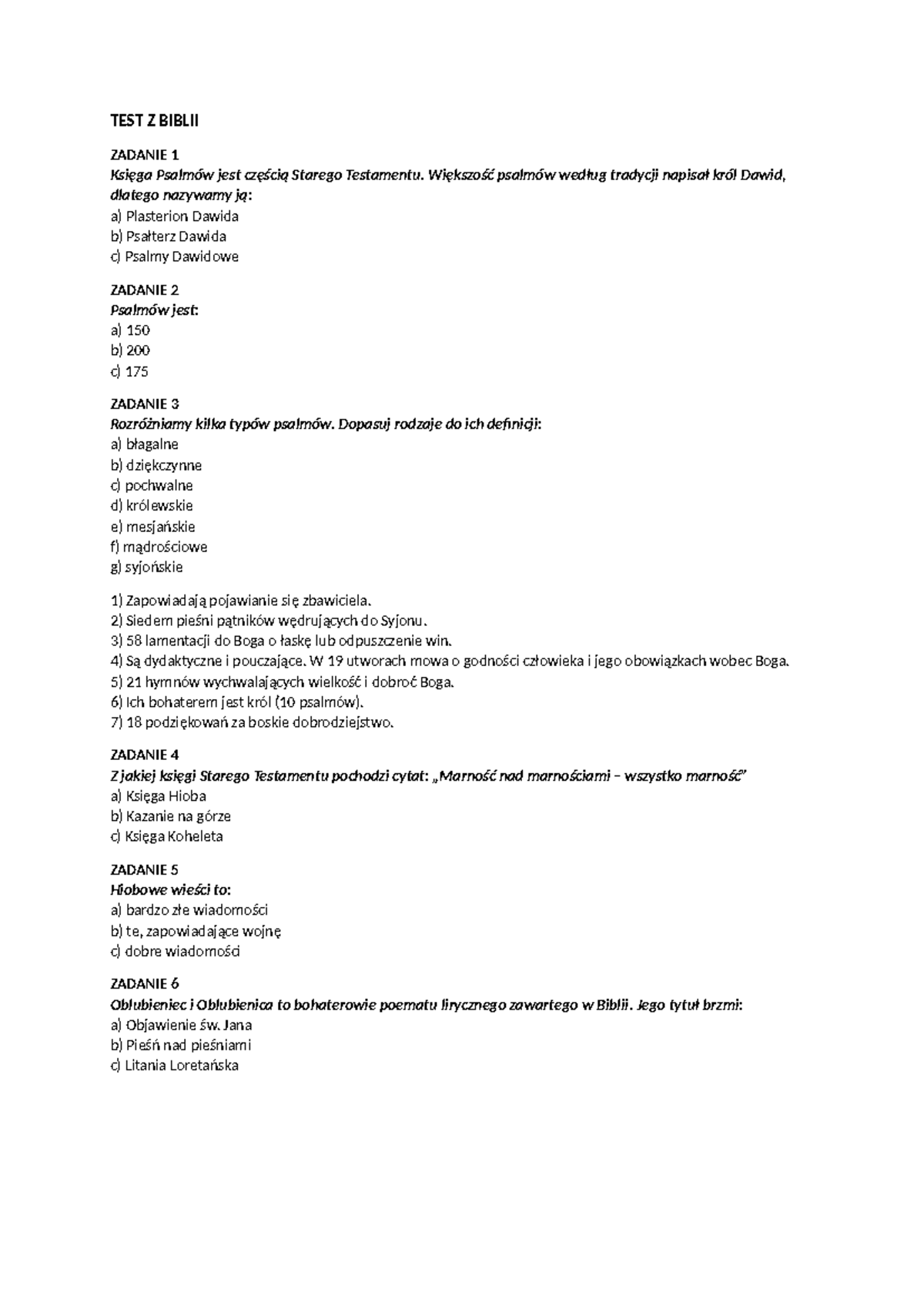 TEST Z Biblii - tes - TEST Z BIBLII ZADANIE 1 Księga Psalmów jest