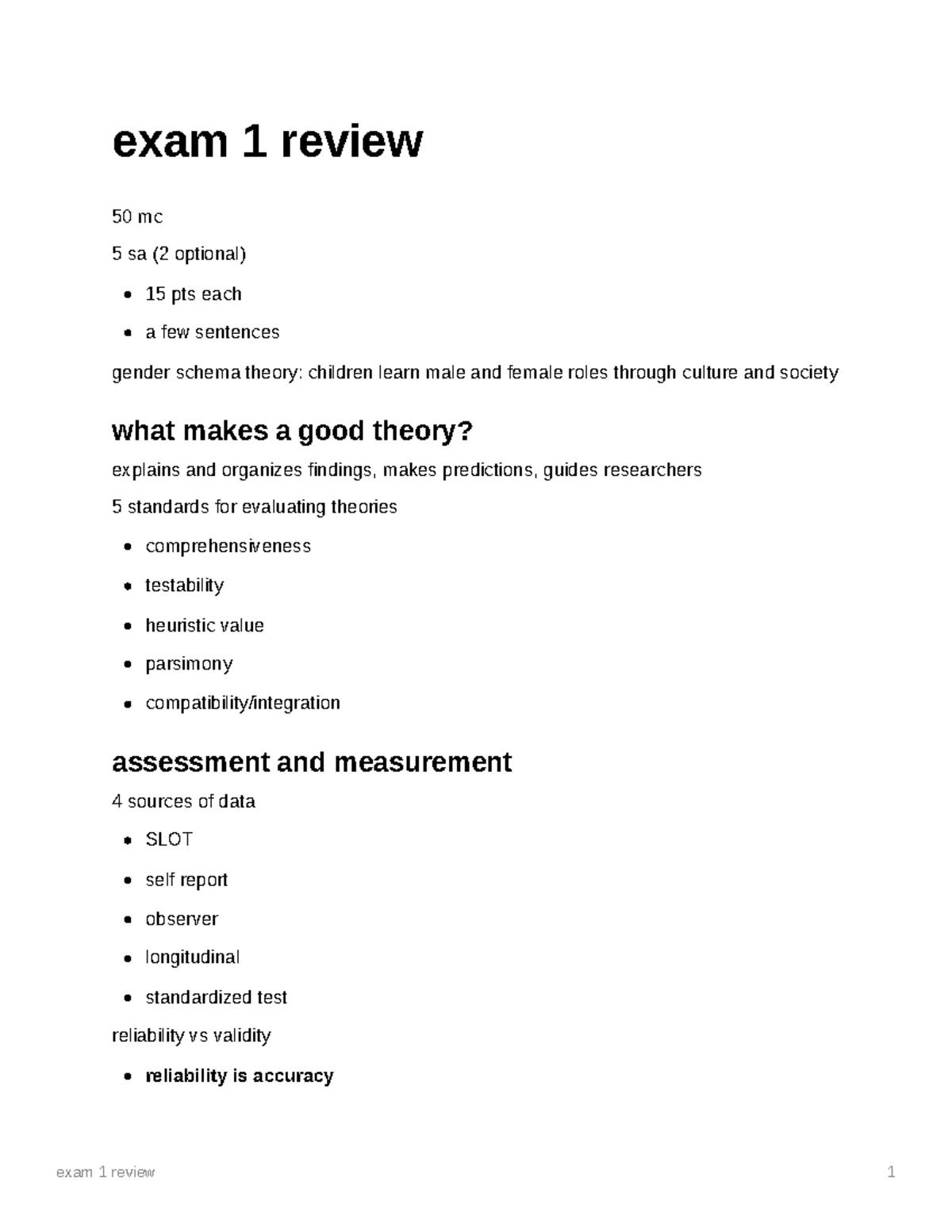 Exam 1 Review Notes - exam 1 review 50 mc 5 sa (2 optional) 15 pts each ...