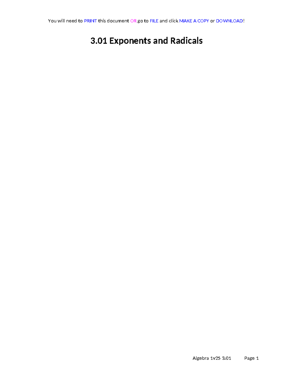 3.01 Guided Notes Flex - yes - 3 Exponents and Radicals Topics Space to ...