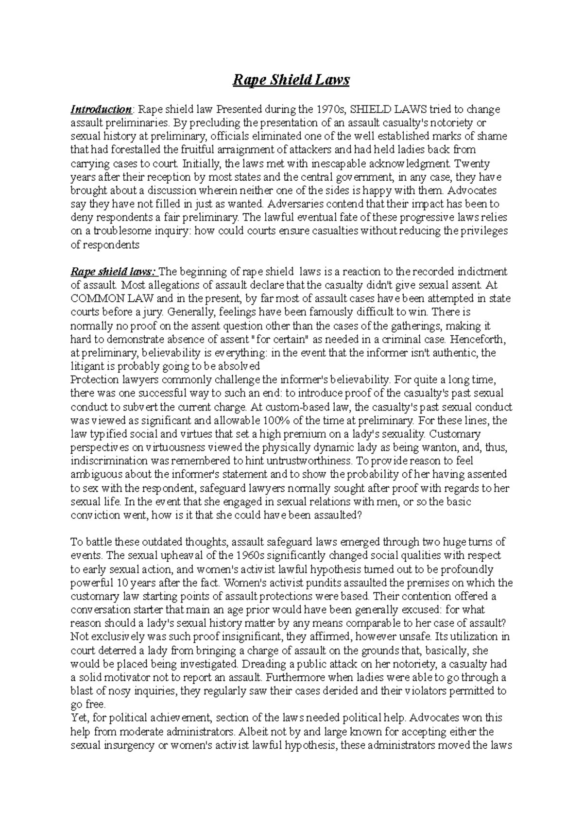 Rape Shield Laws - Lecture notes 3 - Rape Shield Laws Introduction ...