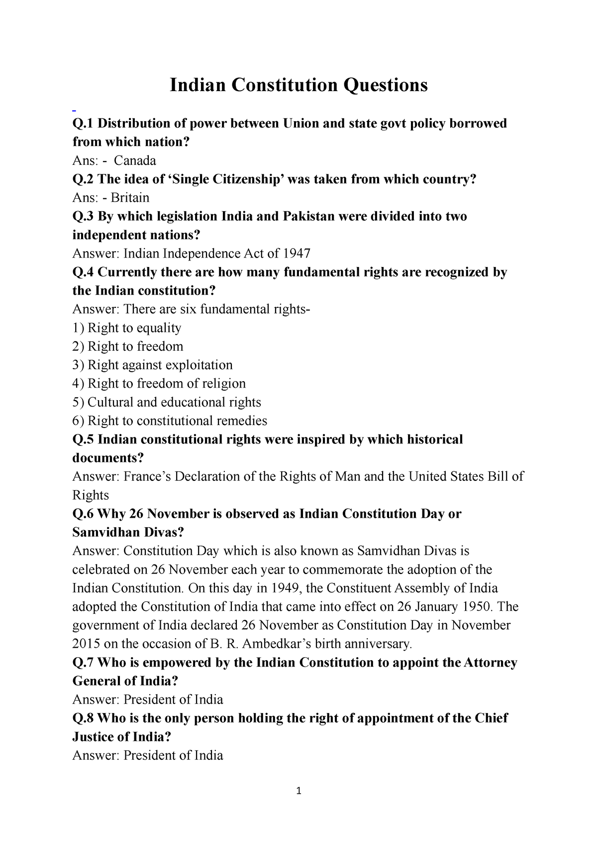 MCQs -Indian Constitution - Indian Constitution Questions Q ...