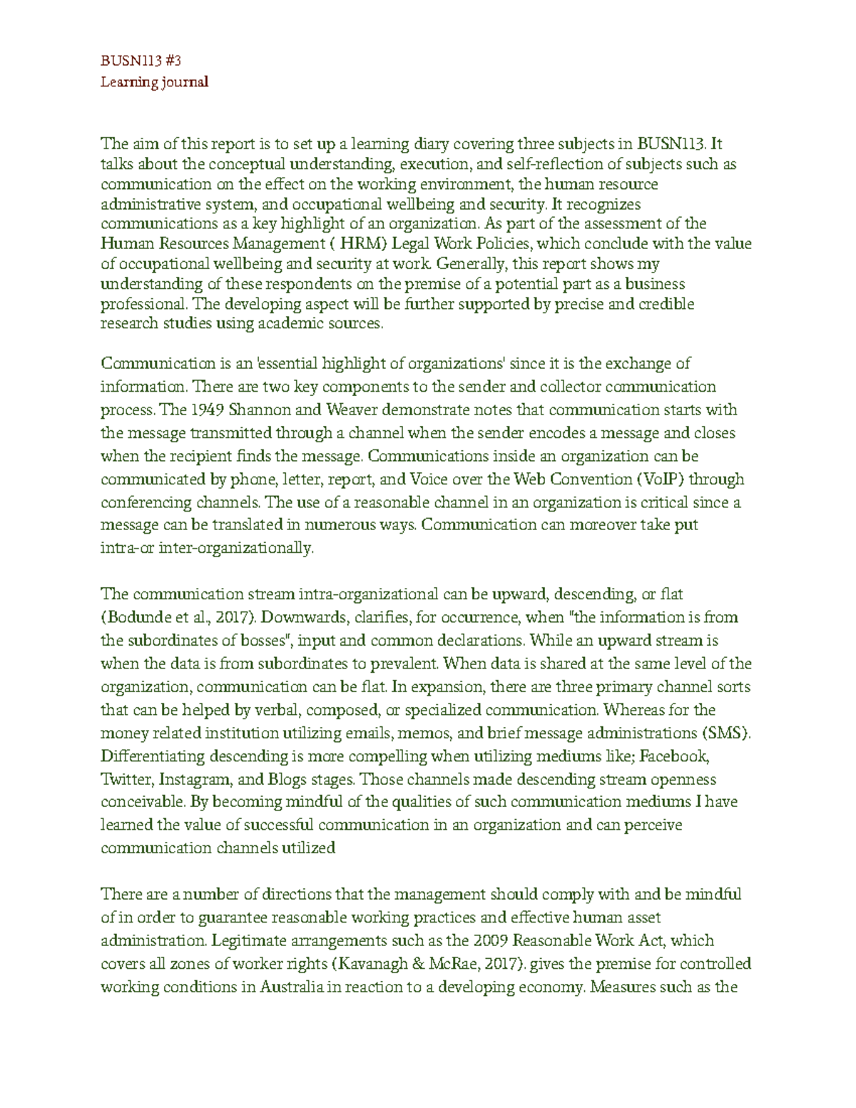 Busn113 learning journal - Learning journal The aim of this report is ...