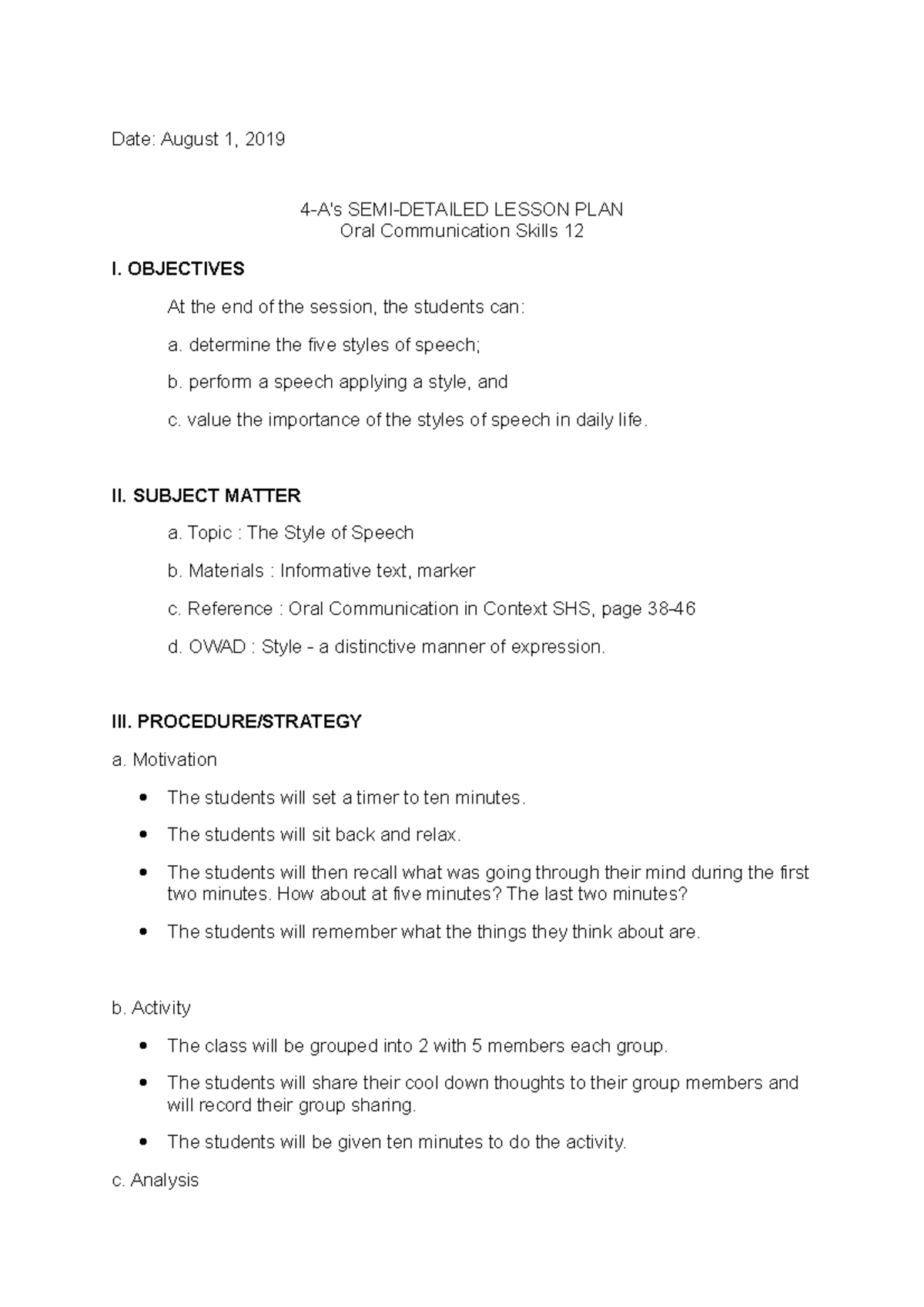 Semi Detailed LP - Date: August 1, 2019 4-A's SEMI-DETAILED LESSON PLAN ...