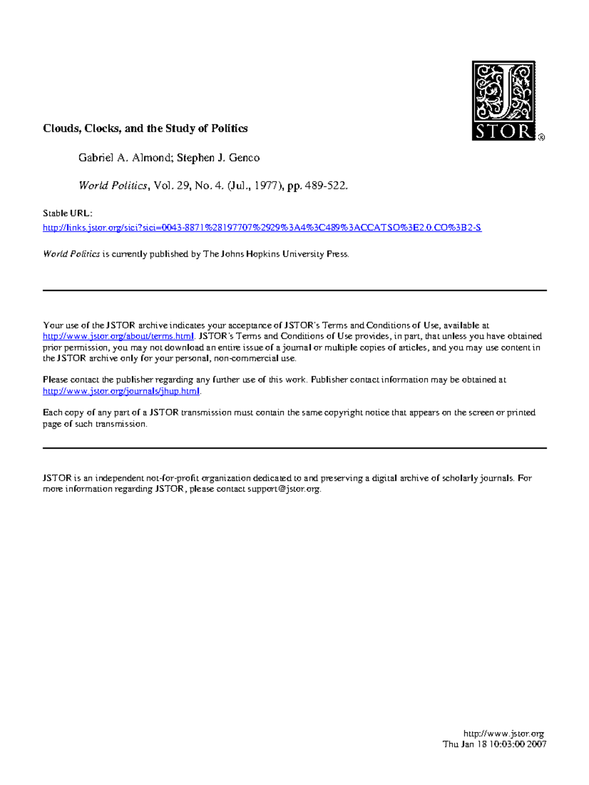 Lecture 1 Clouds, Clocks, and the Study of Politics Clouds, Clocks