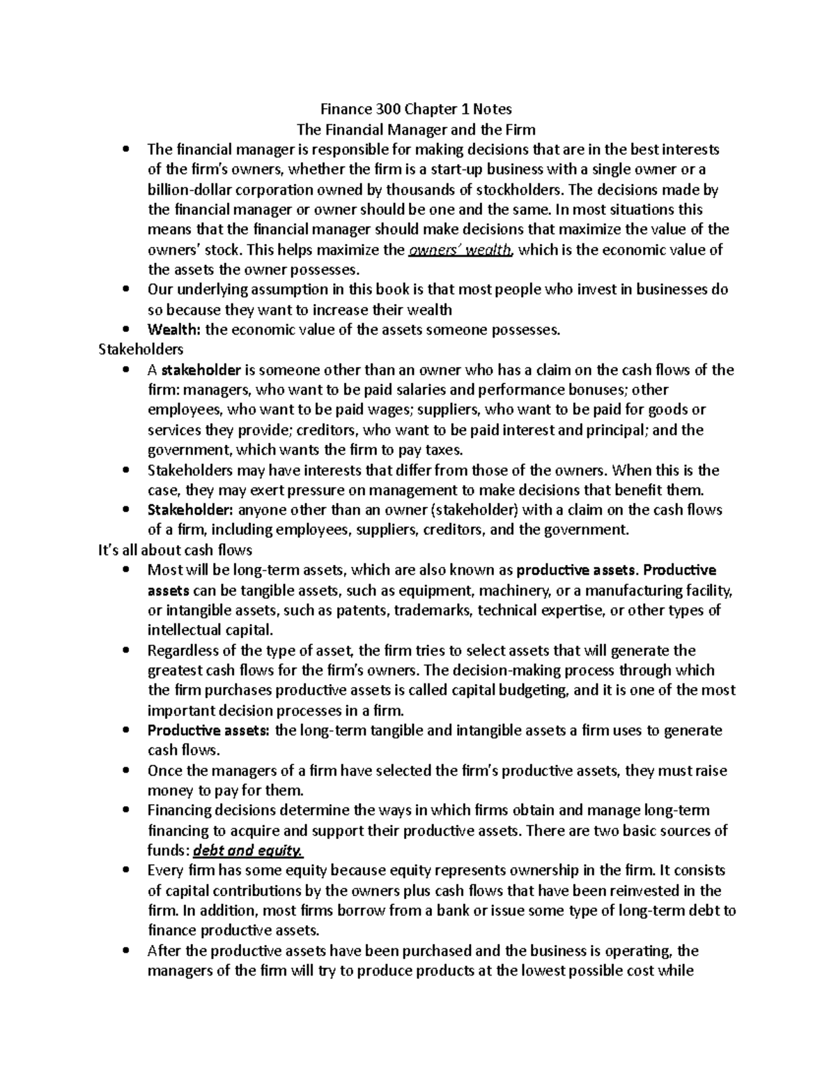 Finance 300 Chapter 1 Notes - Finance 300 Chapter 1 Notes The Financial ...