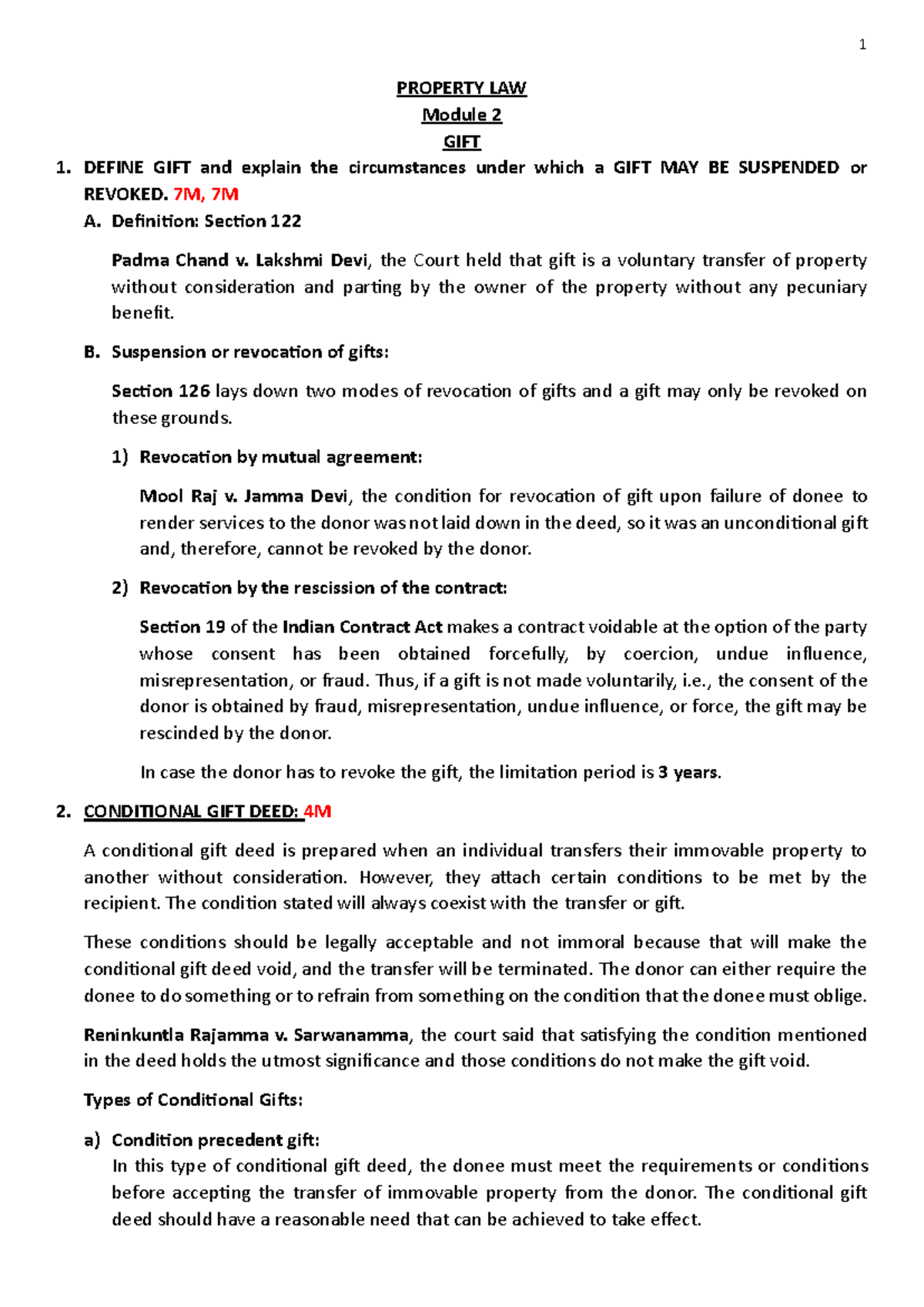 Property LAW Module 2 PROPERTY LAW Module 2 GIFT DEFINE GIFT and