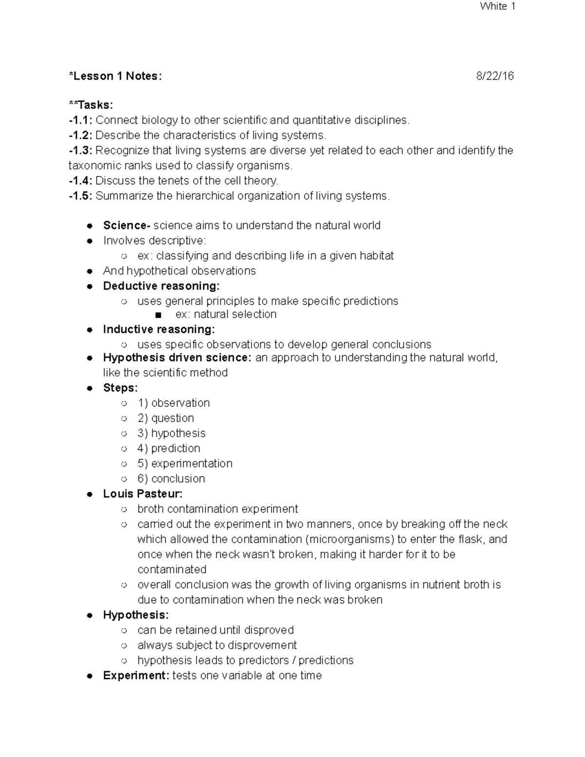 Lesson 1 - Lecture notes 1 - White 1 *Lesson 1 Notes: 8/22/16 **Tasks ...