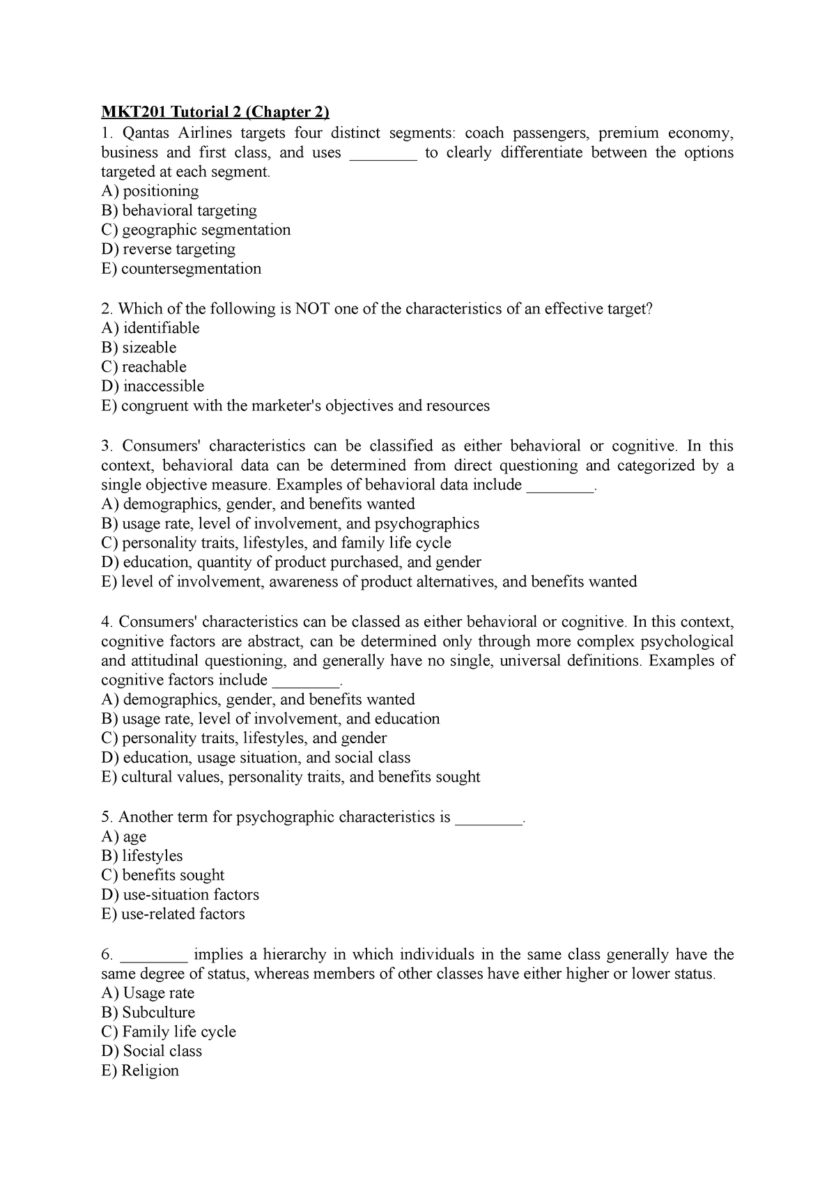 MKT201 Tutorial 2 Questions - MKT201 Tutorial 2 (Chapter 2) Qantas ...