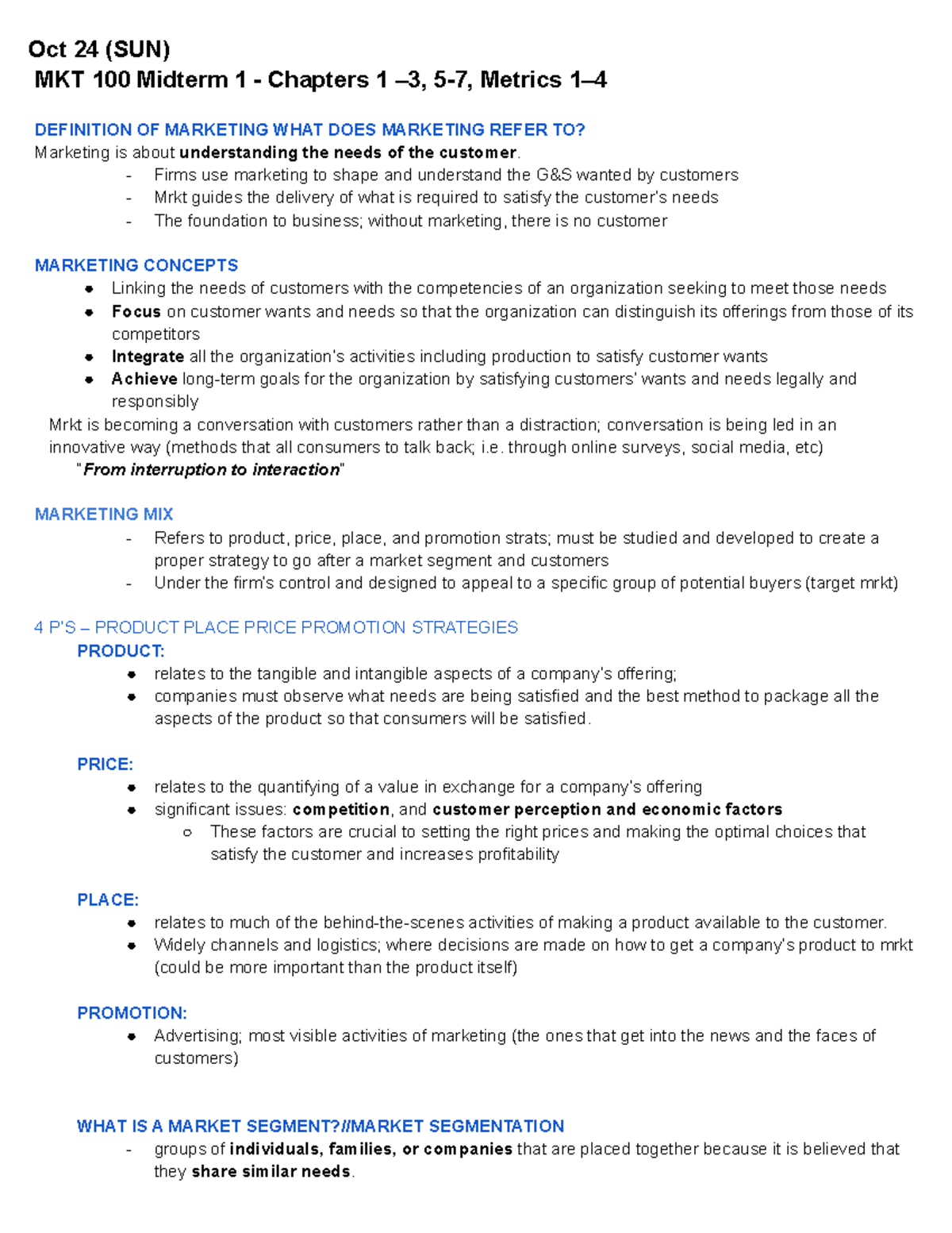 MRKT 100 Midterm 1 - Lecture Notes 1-6 - Oct 24 (SUN) MKT 100 Midterm 1 ...