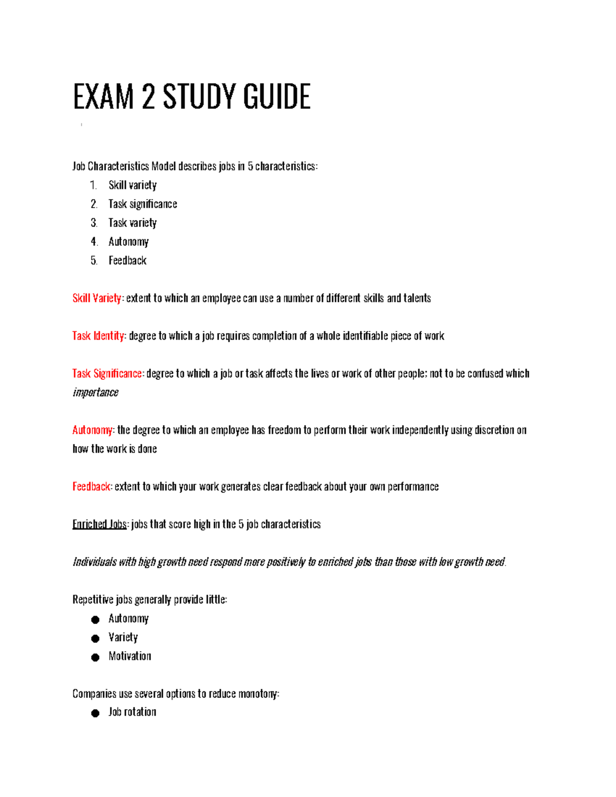 BUAD309 Exam 2 Notes - EXAM 2 STUDY GUIDE Job Characteristics Model ...