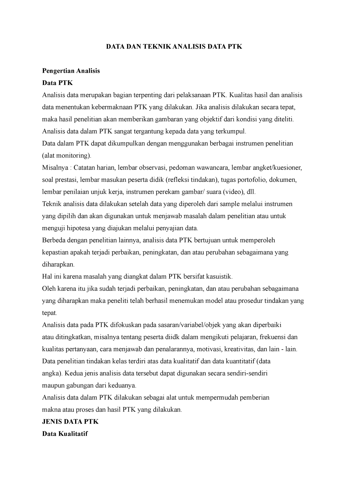 DATA DAN Teknik Analisis DATA PTK - DATA DAN TEKNIK ANALISIS DATA PTK ...