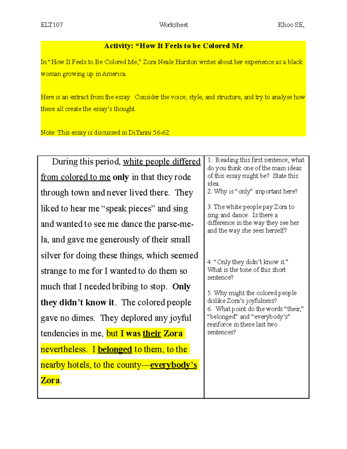 E LT107 Activity How It Feels to be Colored Me(2)1 ELT107 Worksheet