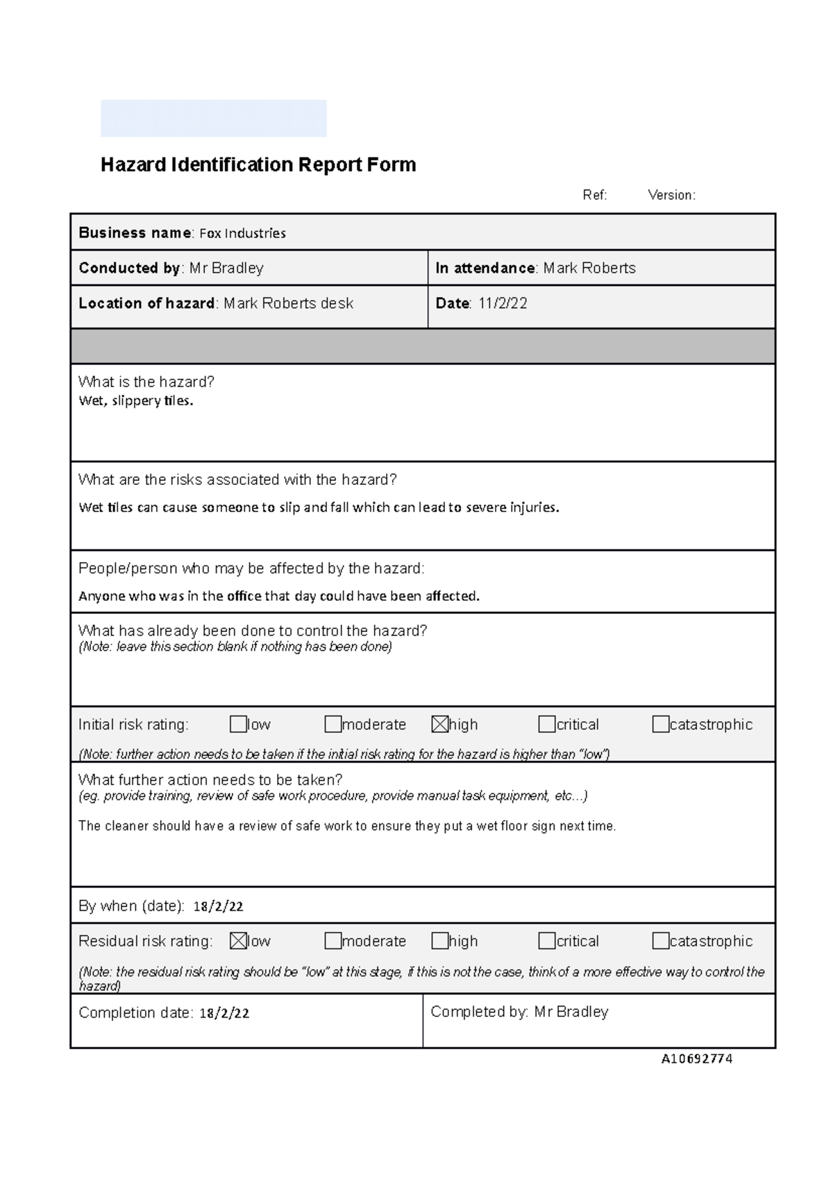 Hazard Identification Report Form - What are the risks associated with ...