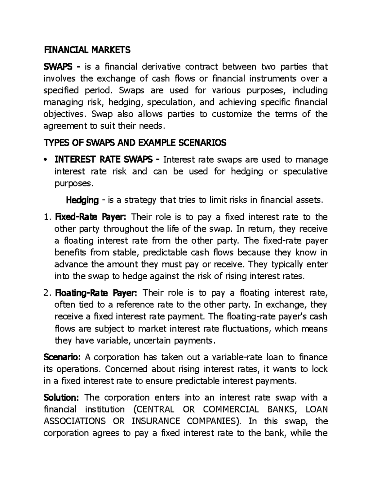 Financial Markets Reporting - FINANCIAL MARKETS SWAPS - is a financial ...