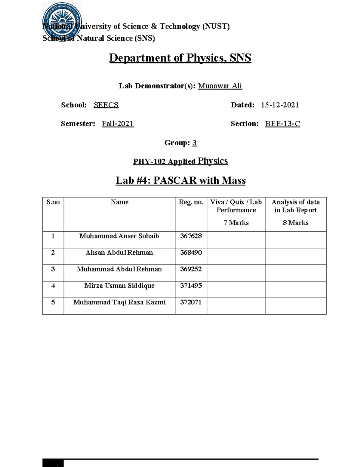 Applied Physics Lab 4 - no. Viva / Quiz / Lab Performance 7 Marks ...