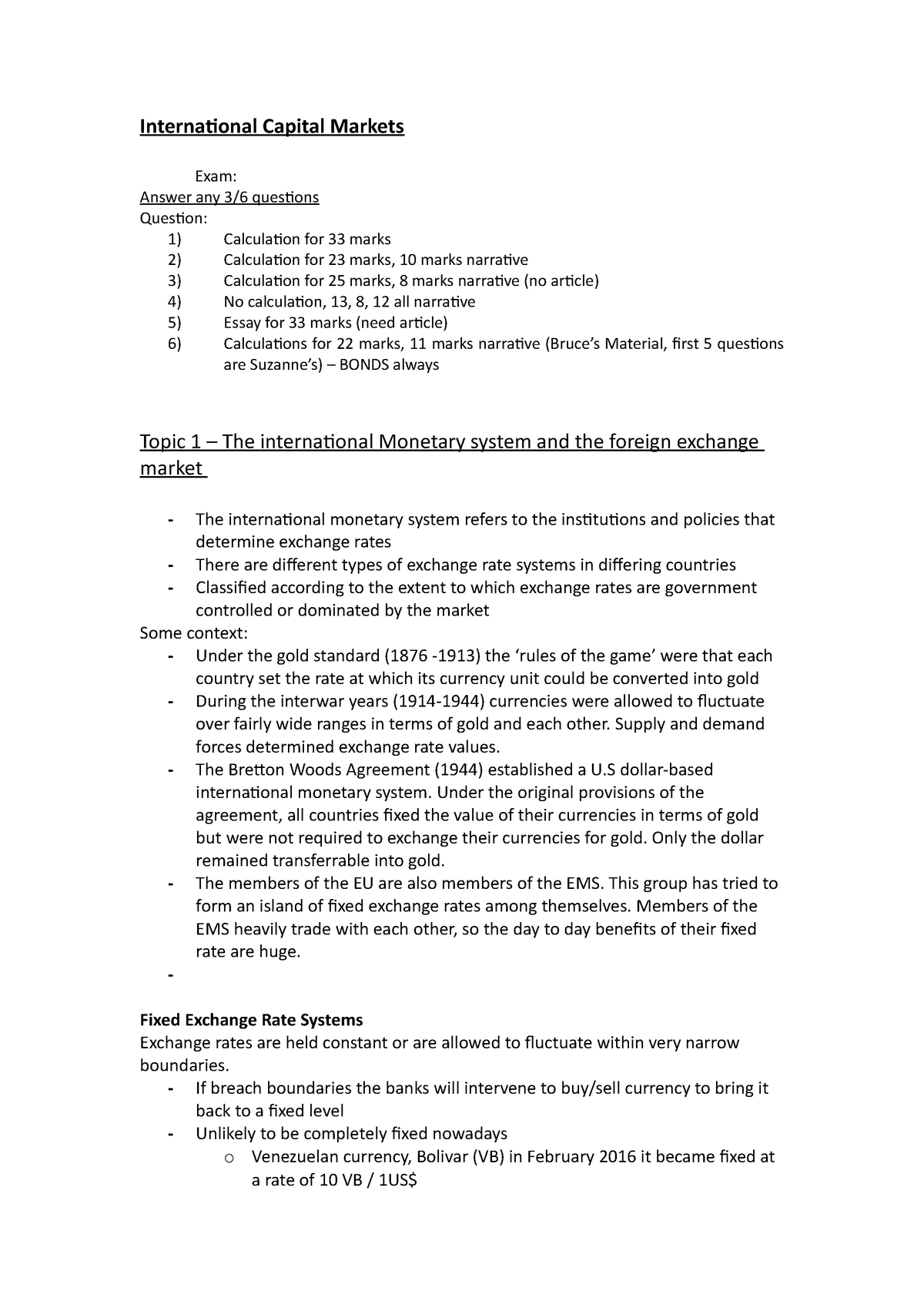 ICM Lecture Doc copy - International Capital Markets Exam: Answer any 3 