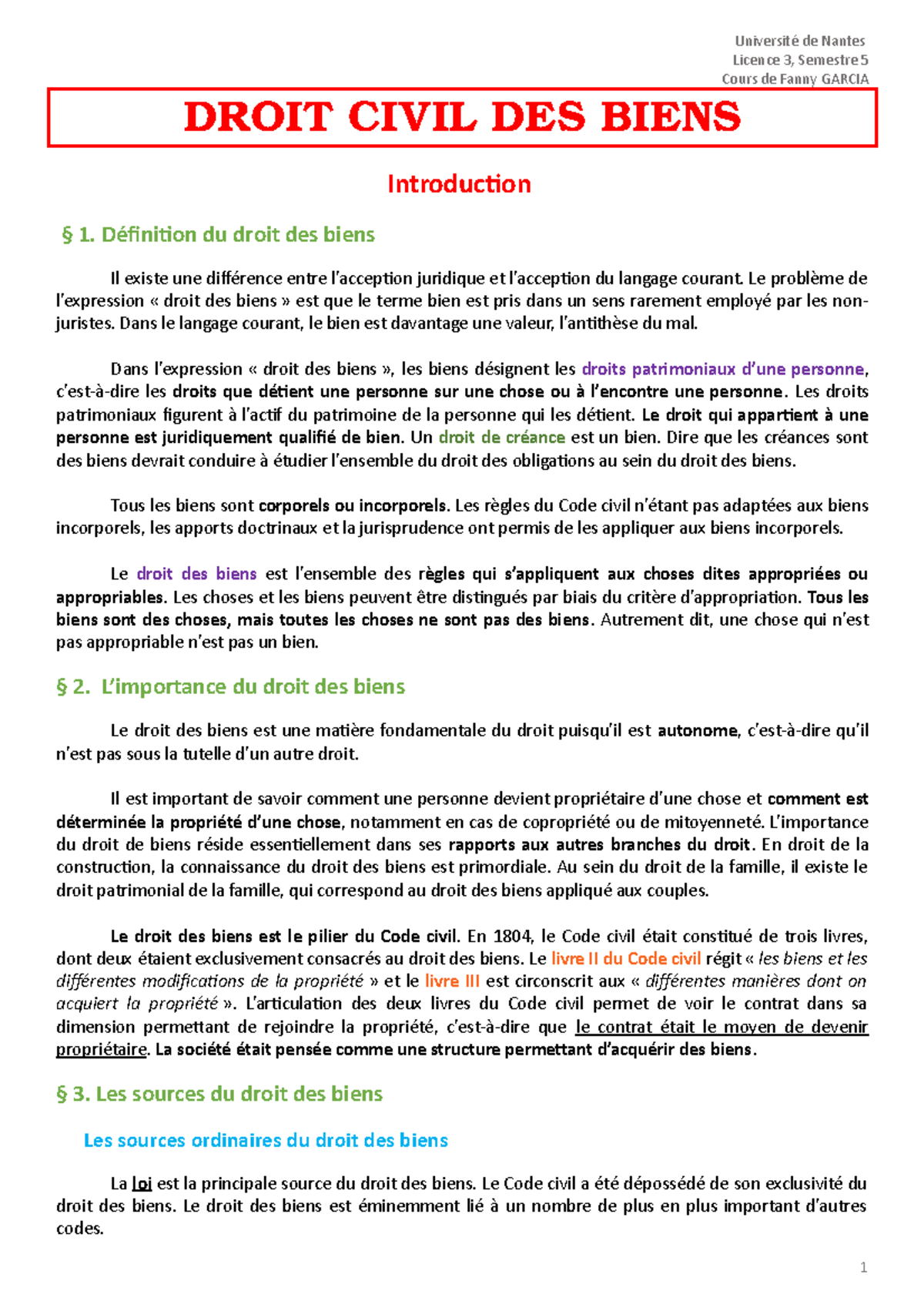 Droit Civil Des Biens - Notes De Cours 1 - Université De Nantes Licence ...