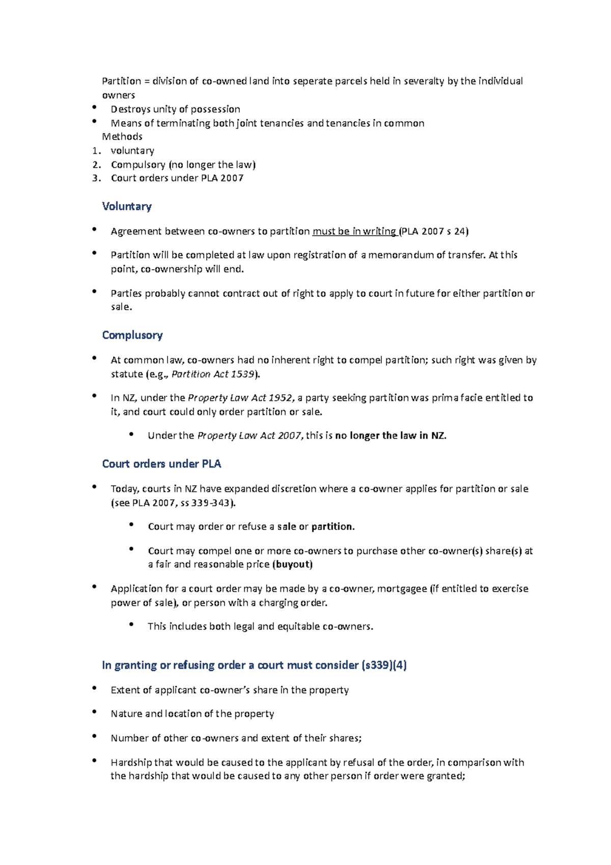 Partition in Land Law Partition = division of coowned land into