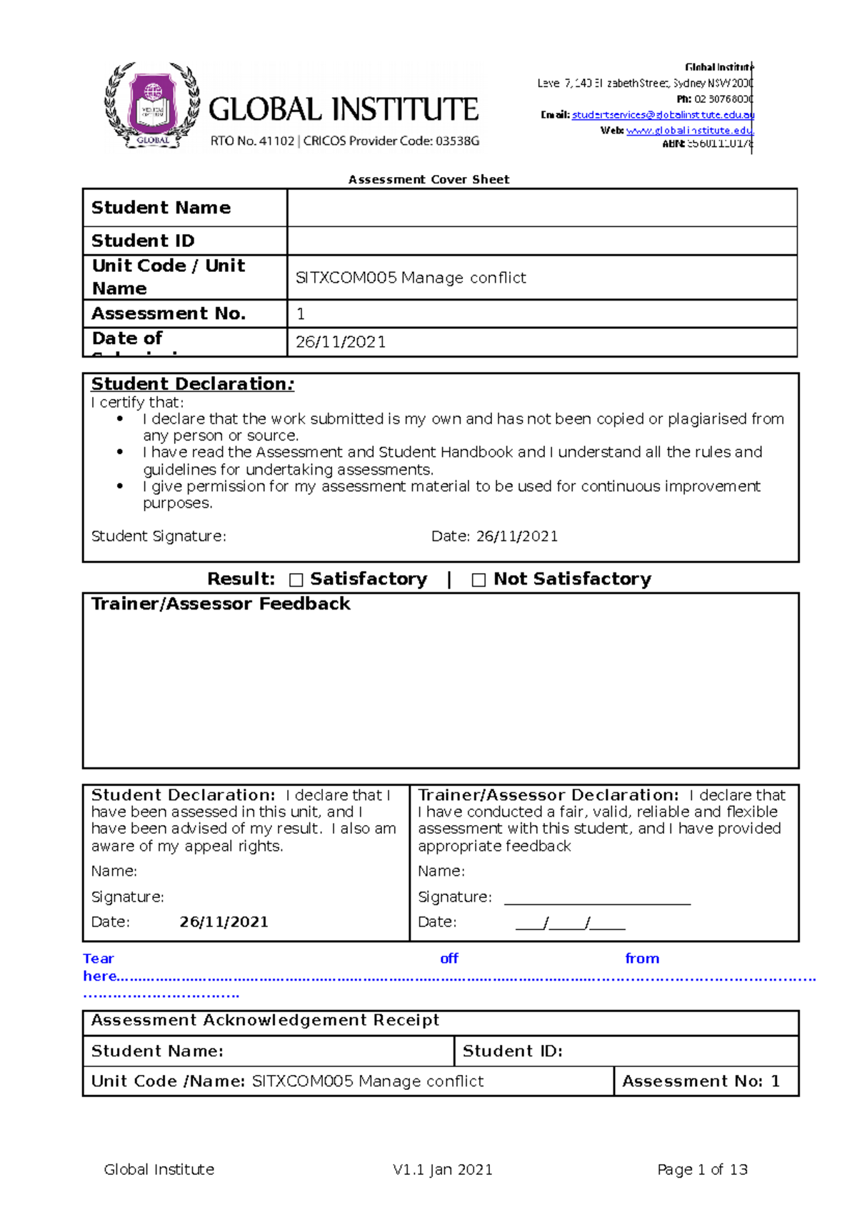 Sitxcom 005 Assessment Task 1 Global V1 - Assessment Cover Sheet ...