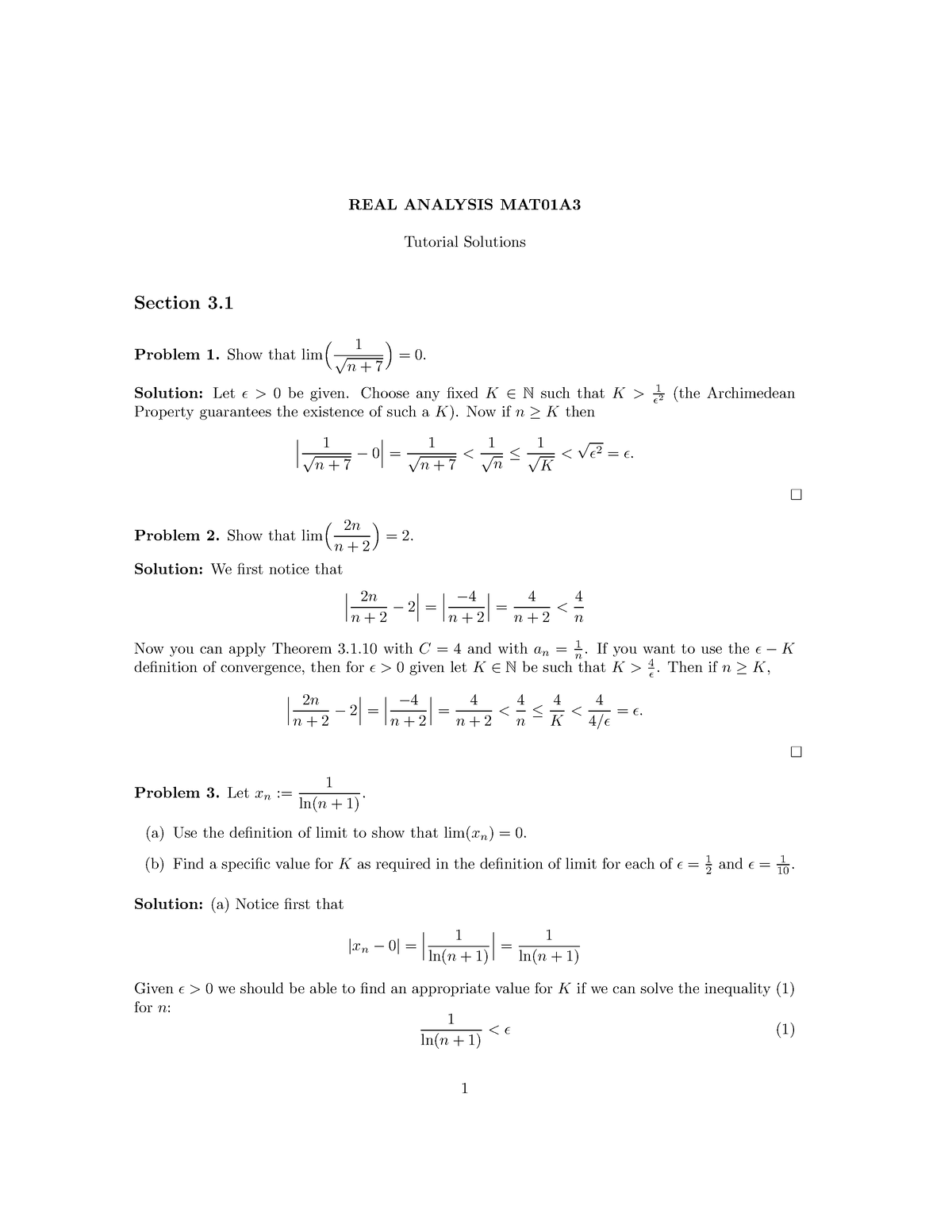 Tutorial 3.1 Solutions - REAL ANALYSIS MAT01A Tutorial Solutions ...