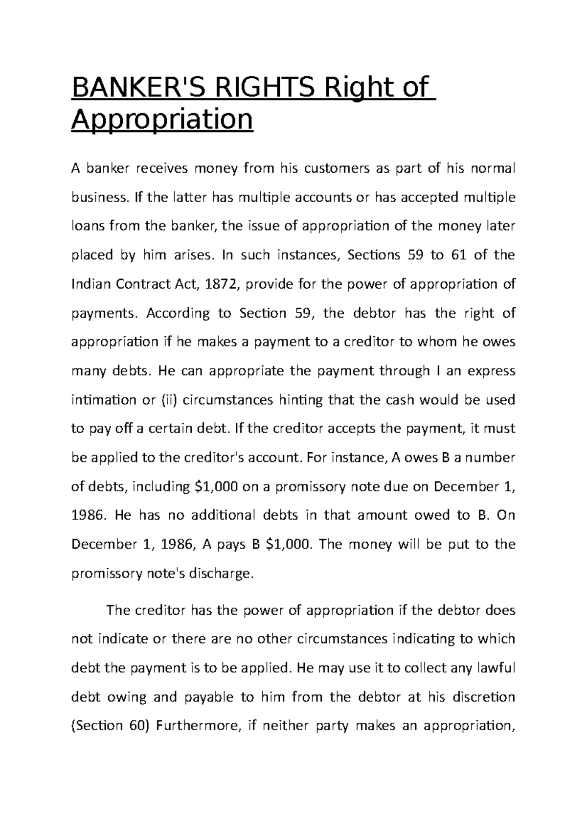 Banker'S Rights Right of Appropriation - BANKER'S RIGHTS Right of ...