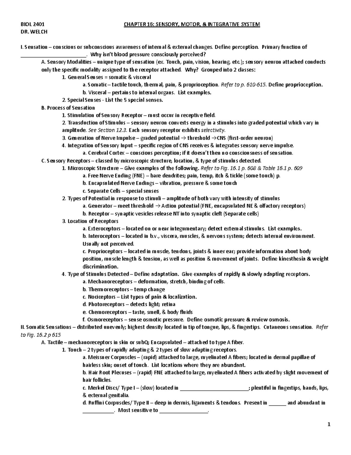 BIOL 2401 Chapter 16 - BIOL 2401 CHAPTER 16: SENSORY, MOTOR ...