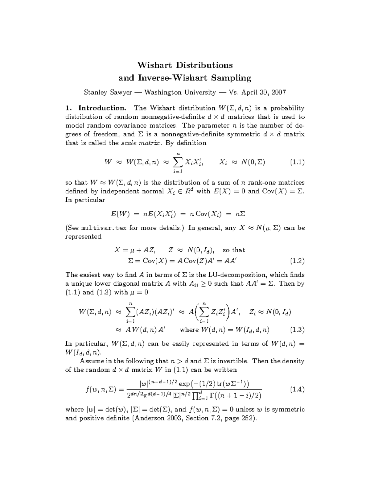 Wishart Lect notesb Wishart Distributions and InverseWishart