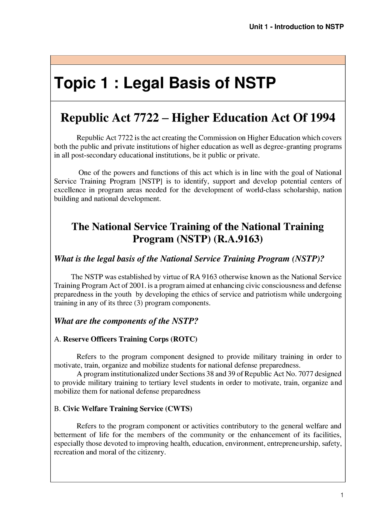 NSTP 1 Topic 1 - Lecture Note - Unit 1 - Introduction To NSTP 1 Topic 1 ...