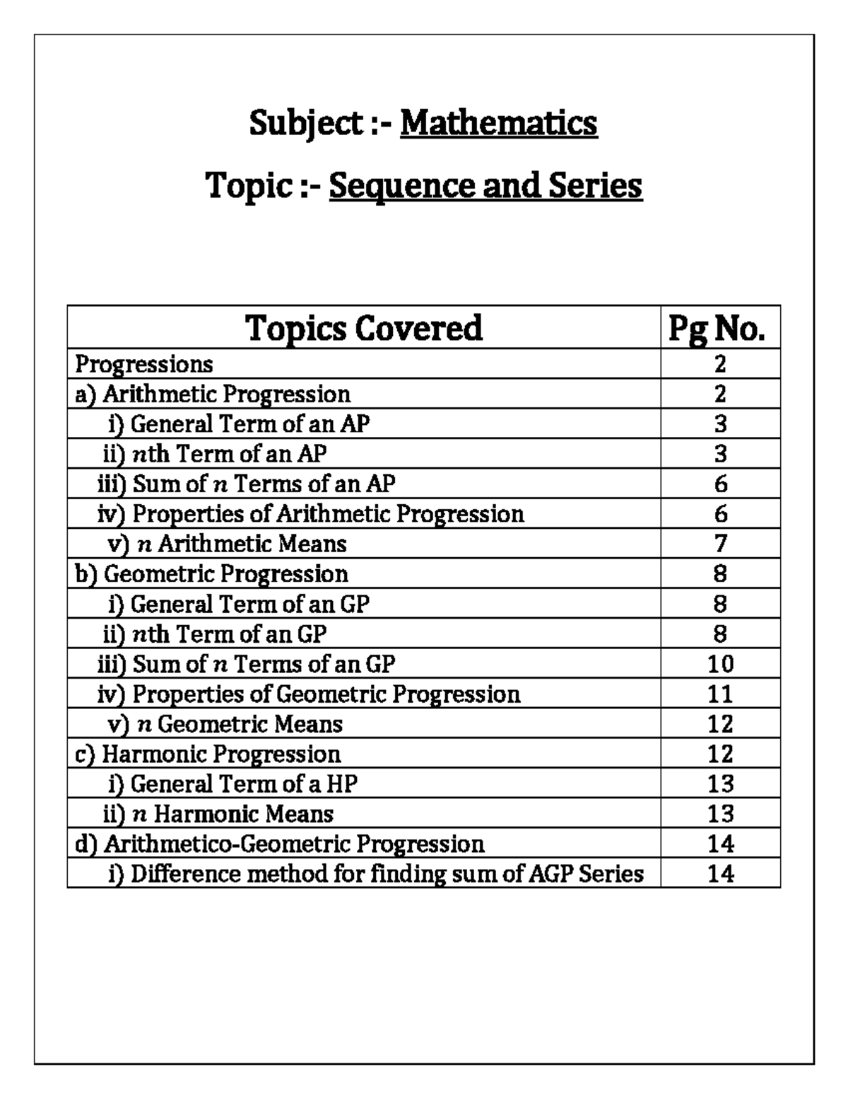 Sequence and Seriesclass notes Subject Mathematics Topic