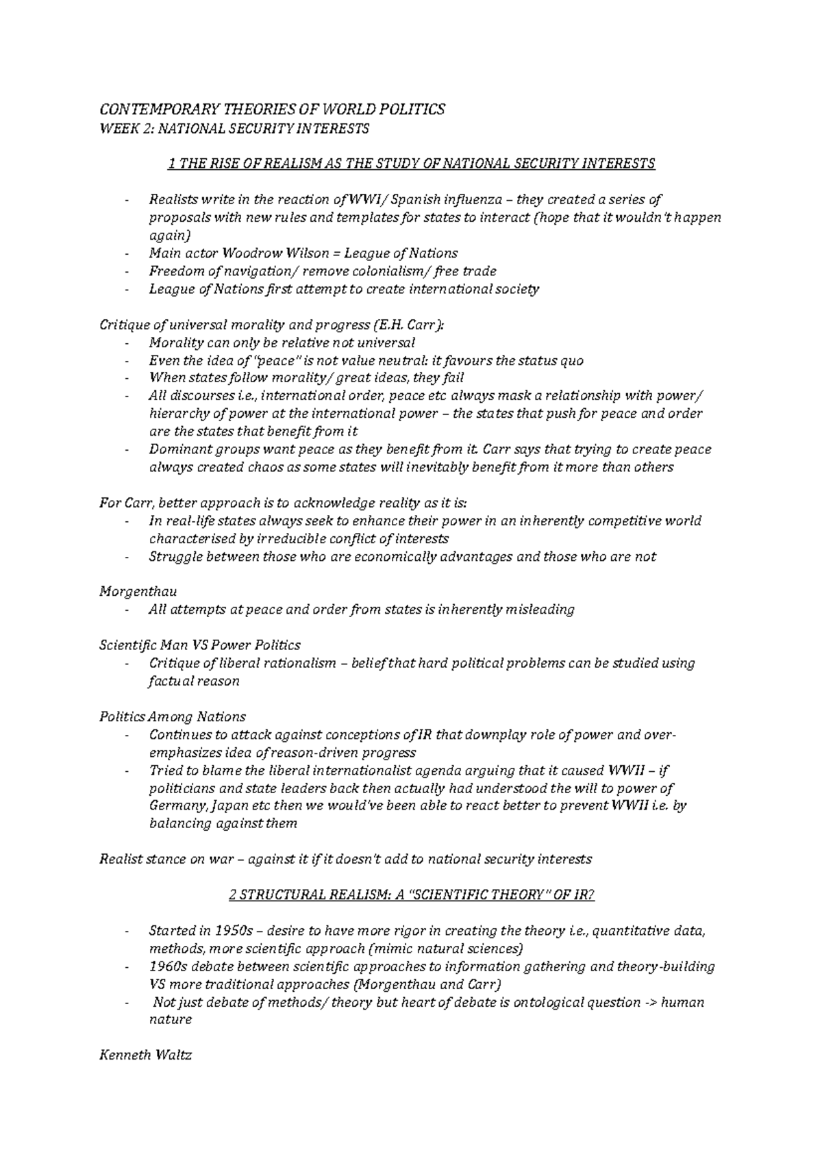 WEEK 2 Notes - WEEK 2 - CONTEMPORARY THEORIES OF WORLD POLITICS WEEK 2 