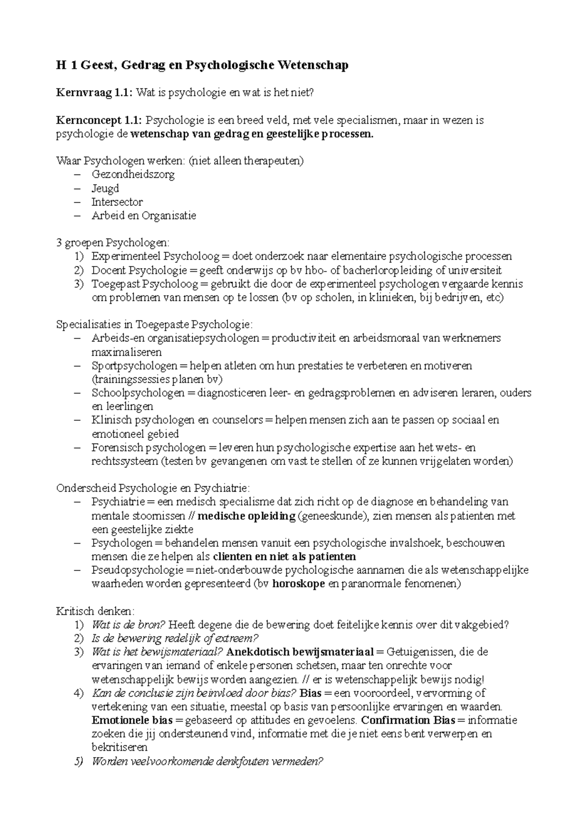 Samenvatting Psychologie Een Inleiding - Hoofdstuk 1: Geest, Gedrag En ...